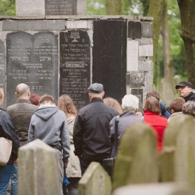 Members of the local community join historian Dr. Jacek Proszyk for a tour of the Jewish cemetery, November 2019. 