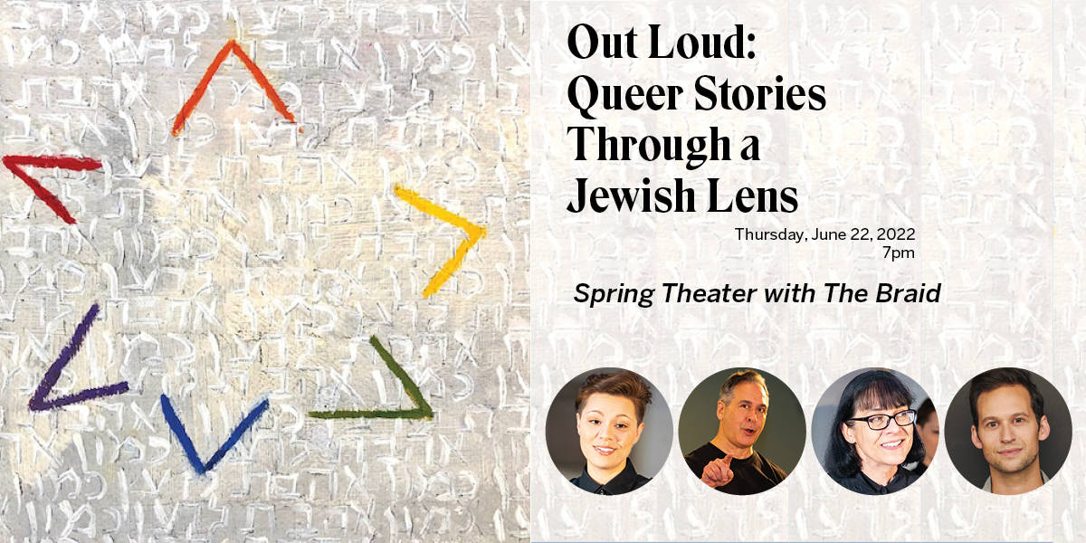 Rainbow Jewish star for Out Loud: Queer Stories Through a Jewish Lens event with images of performers below